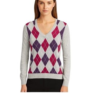 Tommy Hilfiger V-Neck Argyle Sweater Women's Large Gray Pink Purple Pima Cotton